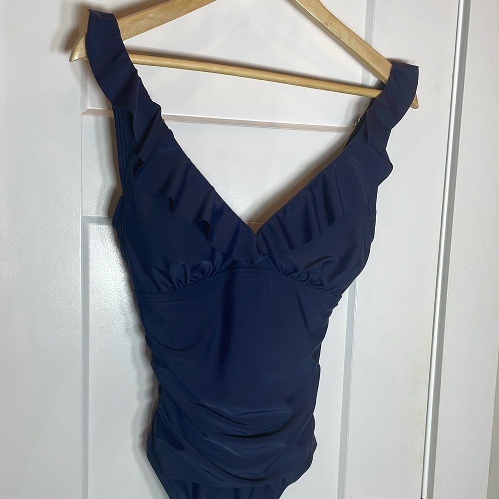 Elegant Navy Blue Ruffled Top - Picture 4 of 5